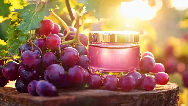 A premium skincare cream infused with antioxidant-rich grape extract, elegantly placed among fresh, ripe grapes in a sunlit vineyard. The warm golden light enhances the product&rsquo;s natural beauty
