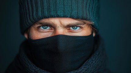 A focused man wearing a knitted beanie and a scarf stands against a dark background, showcasing striking icy blue eyes that convey depth and intrigue.
