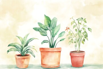 Watercolor Painting of Three Potted Plants
