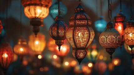 Colorful lanterns hanging at night market