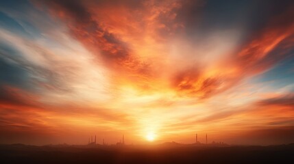 Fototapeta premium A striking sunset casting vivid colors over a silhouetted landscape, highlighting the contours of buildings and structures against a dramatic sky transitions.