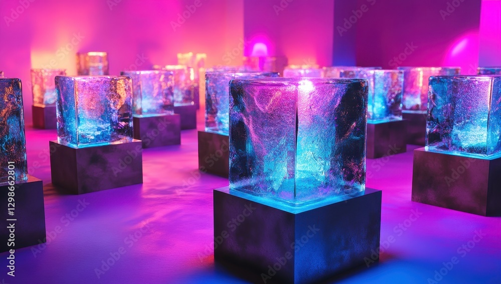 Poster abstract vibrant ice cubes illuminated by colorful lights in a modern artistic display showcasing re