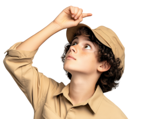 A young boy in a khaki shirt and cap looks up thoughtfully, pointing with his index finger as if pondering a question.