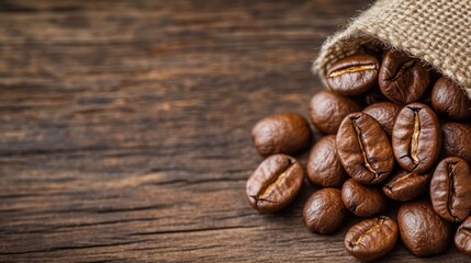 This image features an array of freshly roasted coffee beans spilled from a burlap bag, set against a textured wooden background that enhances the natural aesthetic.