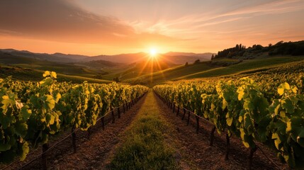 Fototapeta premium The rows of grapevines stretch towards the horizon, bathed in striking rays of sunset light, creating a picturesque scene that highlights the beauty of nature and agriculture.