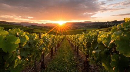 Naklejka premium A breathtaking sunset casts a warm glow over the rolling hills of a verdant vineyard, showcasing grapevines silhouetted against a vibrant sky filled with color.
