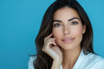 Fototapeta premium Portrait of an elegant woman with hydrated skin and a graceful hand pose against a blue background. Perfect for beauty, skincare, and cosmetics advertisements and high-quality promotional materials