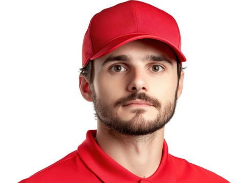 A young man wearing a red cap and polo shirt, looking directly at the viewer with a neutral expression.