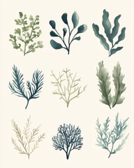 A collection of botanical illustrations features intricate coral and seaweed designs. Muted pastel greens and blues create a calming, natural aesthetic perfect for beach lovers