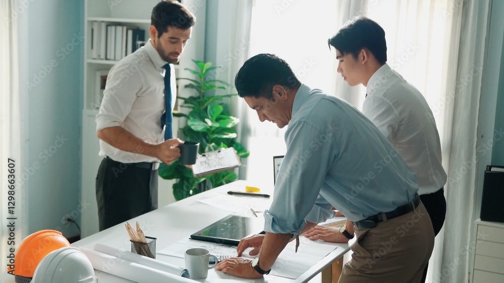 Aufkleber top view of professional architect engineer team writing sticky notes and sticking note at meeting t