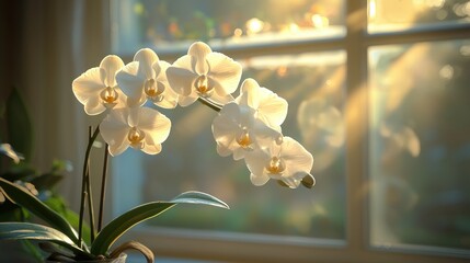 White orchids sunrise windowsill serenity home decor © Rizqiana