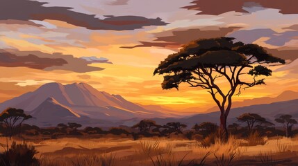 Golden hues illuminate the savanna landscape as the sun sets beyond the horizon. Generative AI