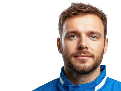 A confident man with short hair and a beard wears a blue sports jacket, presenting a friendly expression against a dark background.