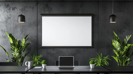 Modern office workspace featuring a sleek desk with a laptop, decorative plants, and a blank projection screen against a textured dark wall