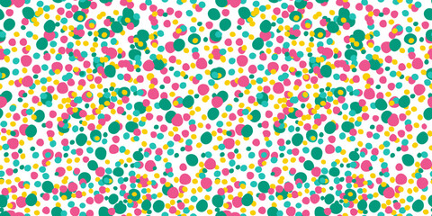 WebSeamless Colorful Abstract Dotted Pattern with Vibrant Pink, Green, and Yellow Circles on a White Background for Playful and Modern Designs