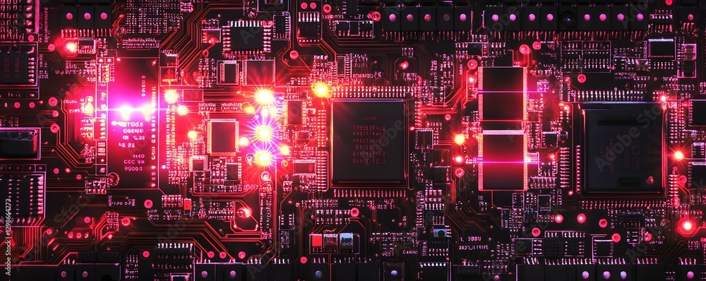 Poster red illuminated computer motherboard showcases intricate design and electronic components