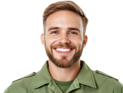A smiling man in a green military uniform exudes positivity and confidence against a black background.
