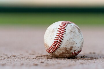 Baseball resting on sandy ground, showcasing dirt stains and wea