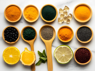Assorted Spices, Fruits, and Powders Arranged in Wooden Bowls and Spoons