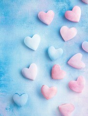 Fototapeta premium Colorful heart shaped candies scattered on a light blue background perfect for celebrations and events. Generative AI