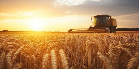 Fototapeta premium Harvesting wheat with a combine at sunset near a rural field
