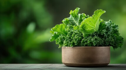 The lush kale plant nestled in an elegant pot captures the essence of nature&rsquo;s beauty, showcasing its rich green hues contrasted against a hazy green backdrop.