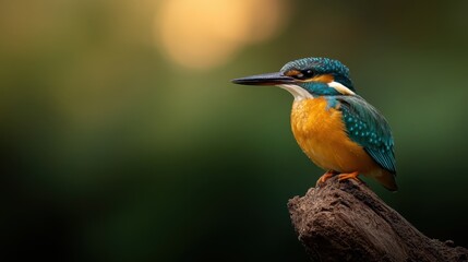 Fototapeta premium The radiant kingfisher, sitting gracefully on a wood branch, showcases its colorful plumage while highlighting the calm serenity of the natural world surrounding it.