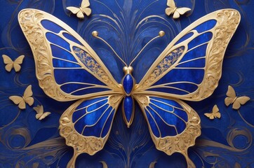 Blue butterfly art piece with intricate golden detailing on a vibrant background