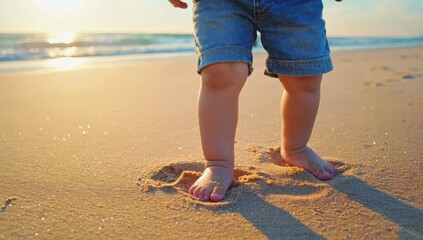 Tiny feet making first steps on sandy beach at sunset, joyful moment