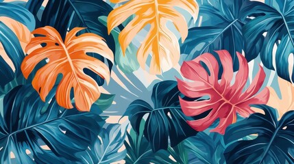 Colorful tropical leaves in vibrant shades of blue, orange, and pink.