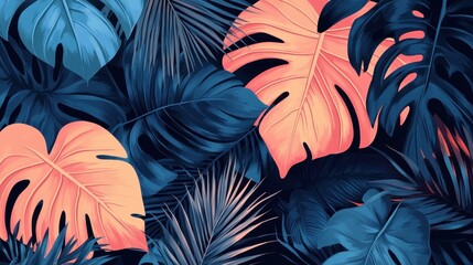 Vibrant tropical leaves in shades of blue and pink create a striking botanical pattern.