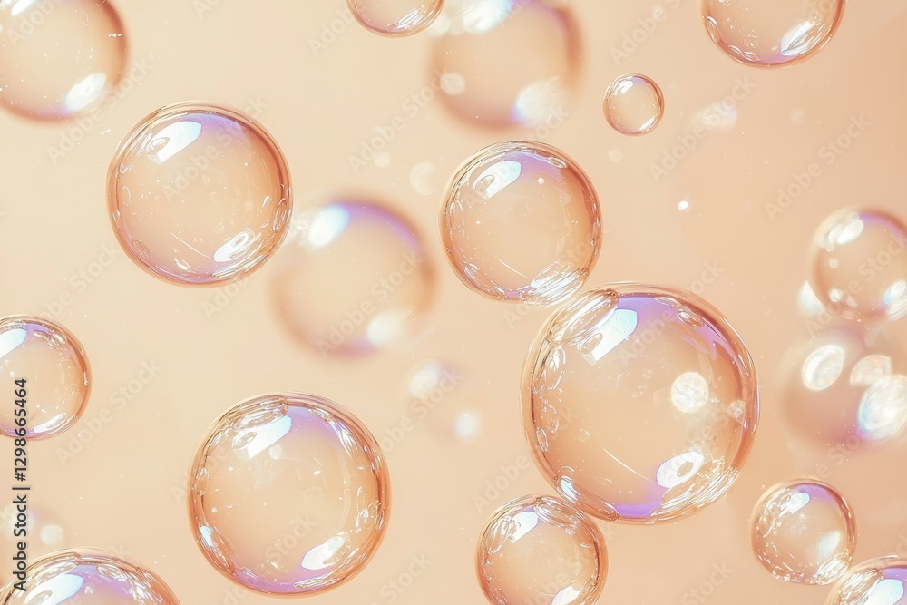 Poster Transparent soap bubbles floating on a beige background creating an abstract pattern