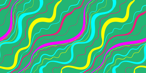 Seamless abstract pattern with wavy, fluid lines in vibrant neon colors on a green background, creating a dynamic, energetic, and modern visual effect