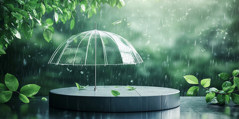 A transparent umbrella protects against the downpour in a green setting.
