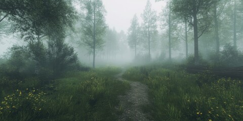 Fototapeta premium Eerie fog envelops forest trail creating a mysterious atmosphere at dawn in a lush green landscape