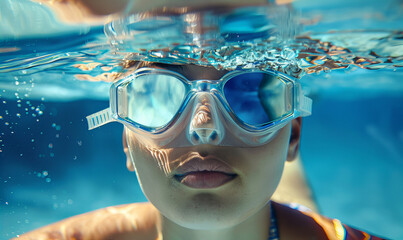 Fototapeta premium Close-up of a person wearing swimming goggles underwater...