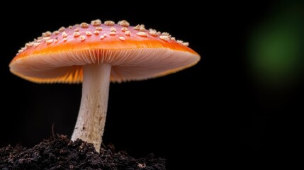 This artistic image showcases a red mushroom framed by lush green leaves, creating a vibrant contrast that highlights the beauty of nature’s intricate ecosystem.