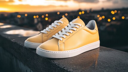 Bright yellow sneakers resting on ledge, capturing sunset glow a
