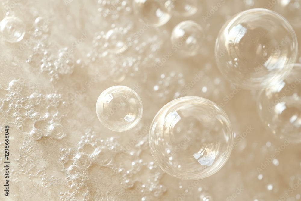 Poster Transparent bubbles floating on beige surface creating abstract background