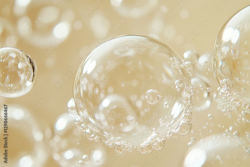 Poster close-up of transparent bubbles floating on a beige surface