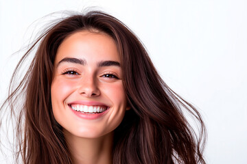 Fototapeta premium Elegant woman with long, glossy hair and cheerful expression. Confident and stylish, she embodies happiness, self-assurance, and graceful beauty, radiating warmth, positivity, and natural glow.