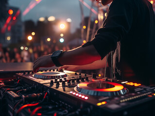 DJ performing outdoors with a professional console at sunset...