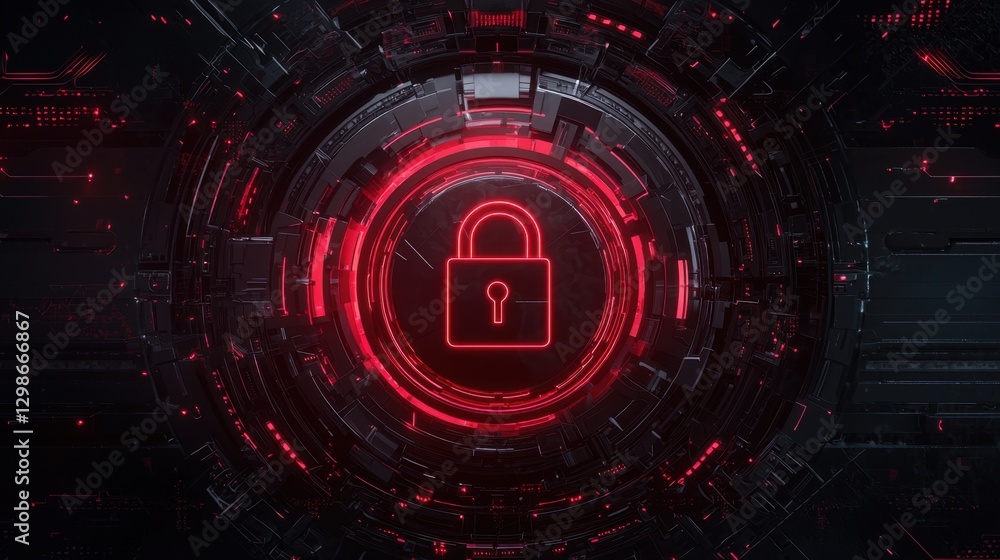 Poster futuristic digital lock symbol in red and black background representing cybersecurity, data protecti