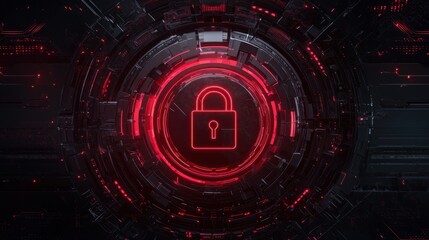 Obraz premium Futuristic digital lock symbol in red and black background representing cybersecurity, data protection, technology concept and encryption solutions