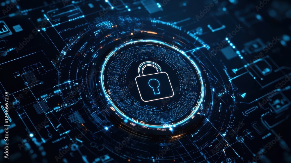 Poster futuristic digital lock symbol representing cybersecurity and data protection concepts in a high-tec