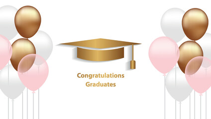 Congratulations on your graduation from school. Class of 2025. Graduation cap, confetti and balloons. Congratulatory banner. Academy of Education School of Learning	