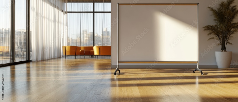 Poster empty room with projector screen and modern design elements