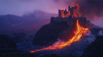 Fototapeta premium A majestic castle crowns a volcano, its stonework glowing in fiery light as lava flows down the slopes and smoke billows into the twilight sky.