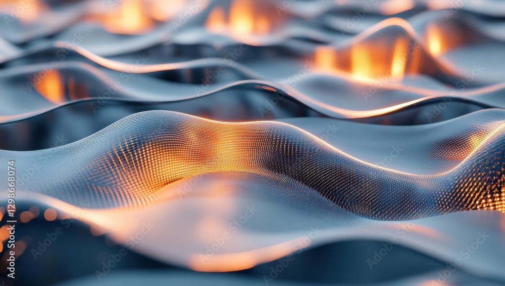 Poster abstract waves with flowing light in metallic finish, creating a depth of field effect and modern fu