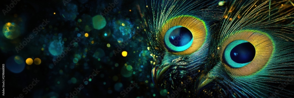 Poster colorful peacock feathers create a mesmerizing pattern with vibrant eyes and golden sparkles in a da